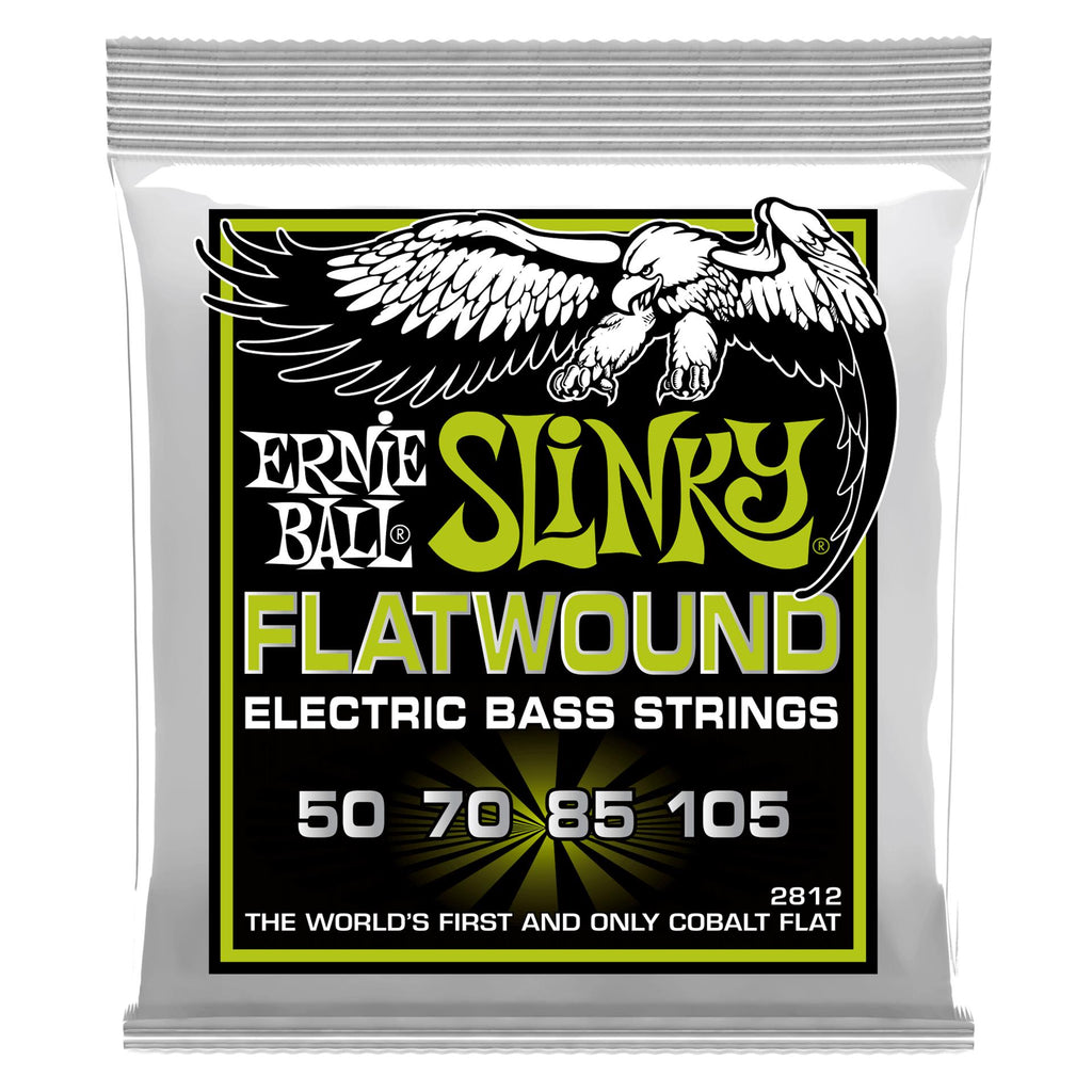 Ernie Ball 2812 Regular Slinky Flatwound electric bass strings laid out on a white background.