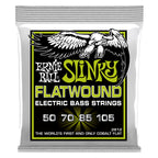 Ernie Ball 2812 Regular Slinky Flatwound electric bass strings laid out on a white background.