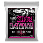Close-up of Ernie Ball Super Slinky Flatwound Electric Bass Strings, showing the smooth, flatwound metal strings on a bass guitar.