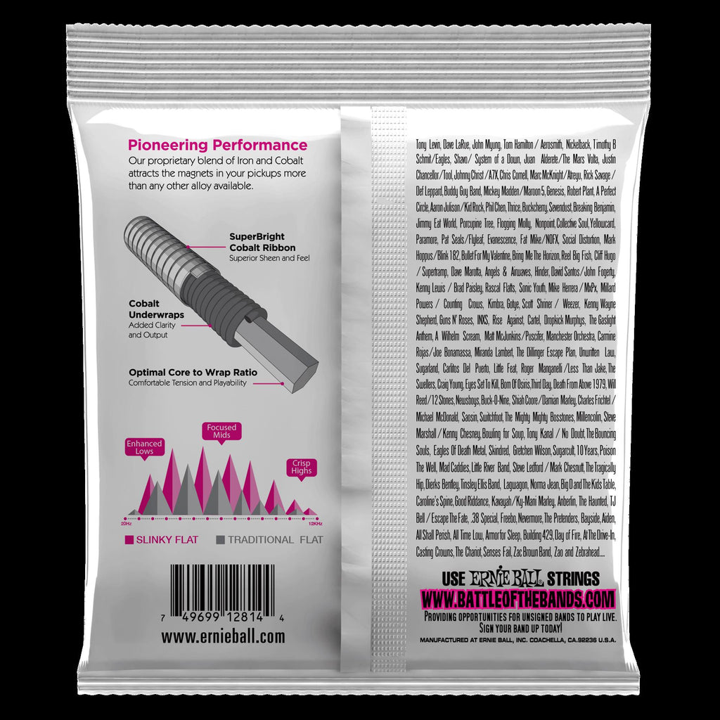 Ernie Ball Super Slinky Flatwound Electric Bass Strings arranged on a coil, showcasing their smooth, flatwound design for bass guitars.