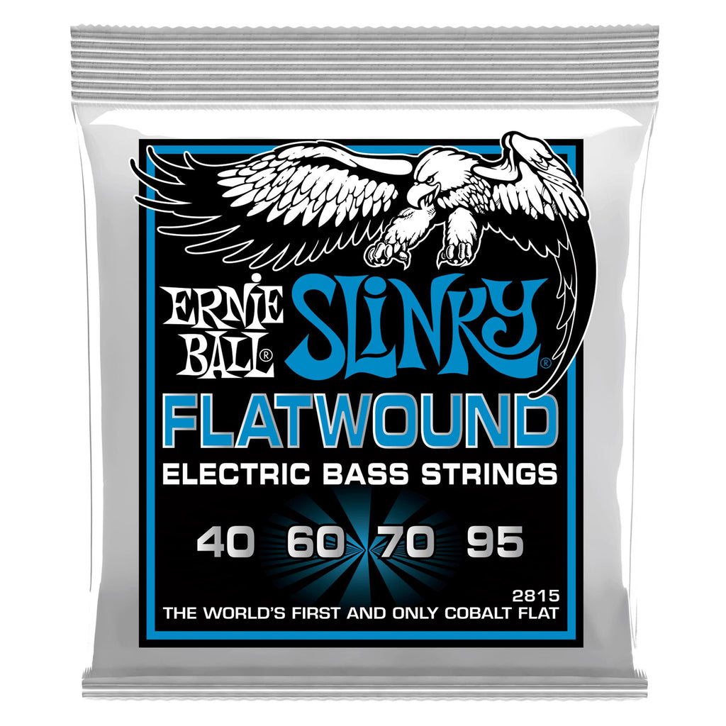 Ernie Ball Extra Slinky Flatwound Electric Bass Strings in packaging, showcasing vibrant color and texture.