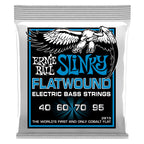 Ernie Ball Extra Slinky Flatwound Electric Bass Strings in packaging, showcasing vibrant color and texture.