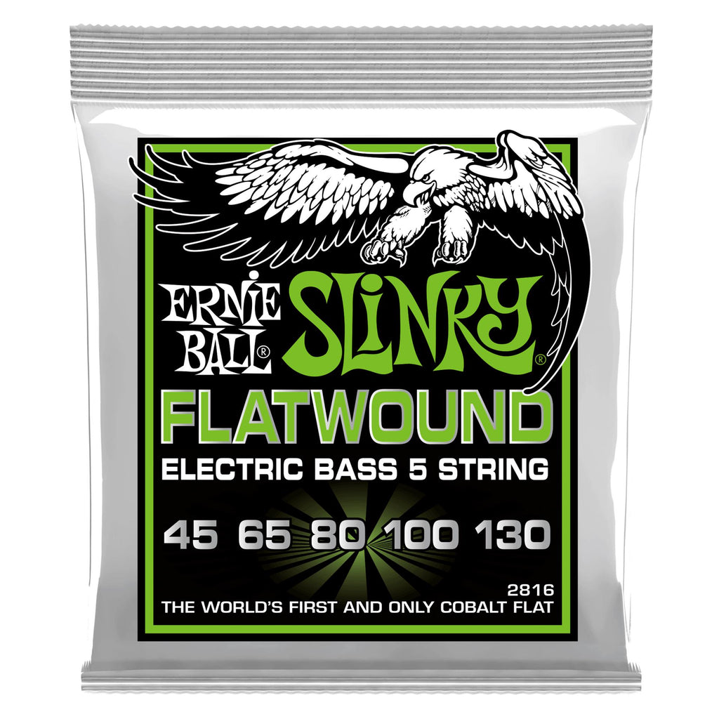 Ernie Ball Regular Slinky 5-string flatwound electric bass strings, shiny metal strings on a guitar neck.