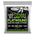 Ernie Ball Regular Slinky 5-string flatwound electric bass strings, shiny metal strings on a guitar neck.