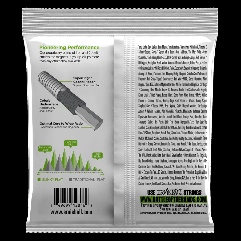 Ernie Ball 2816 Regular Slinky 5-string flatwound electric bass strings, metal coiled strings for bass guitar playing.
