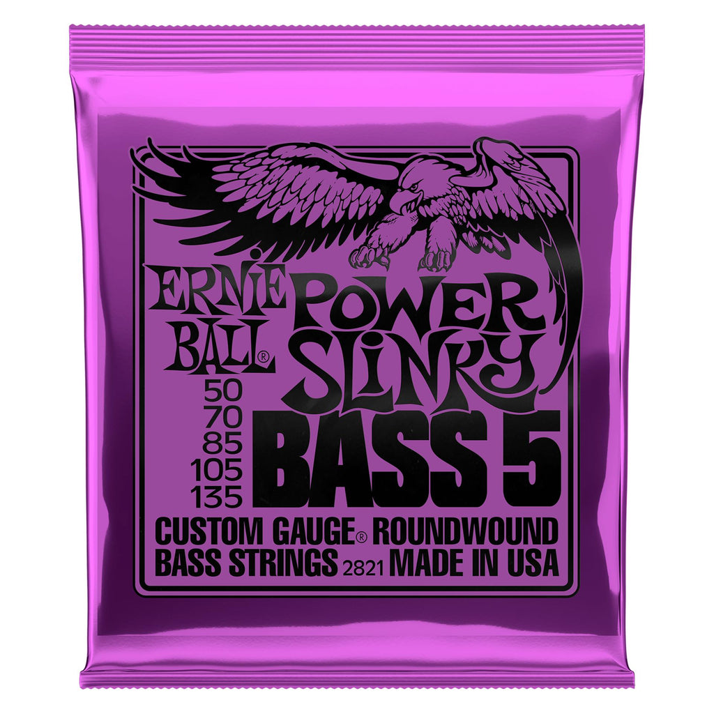 Ernie Ball Power Slinky 5-string nickel wound electric bass strings, close-up of the shiny metal strings on a bass guitar.