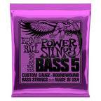 Ernie Ball Power Slinky 5-string nickel wound electric bass strings, close-up of the shiny metal strings on a bass guitar.
