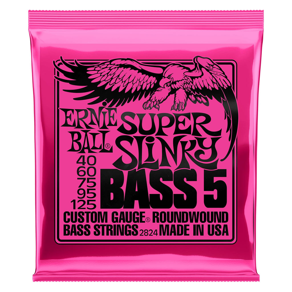 Ernie Ball Super Slinky 5-string nickel wound electric bass strings, close-up shot showing shiny metal winding and string thickness
