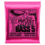 Ernie Ball Super Slinky 5-string nickel wound electric bass strings, close-up shot showing shiny metal winding and string thickness