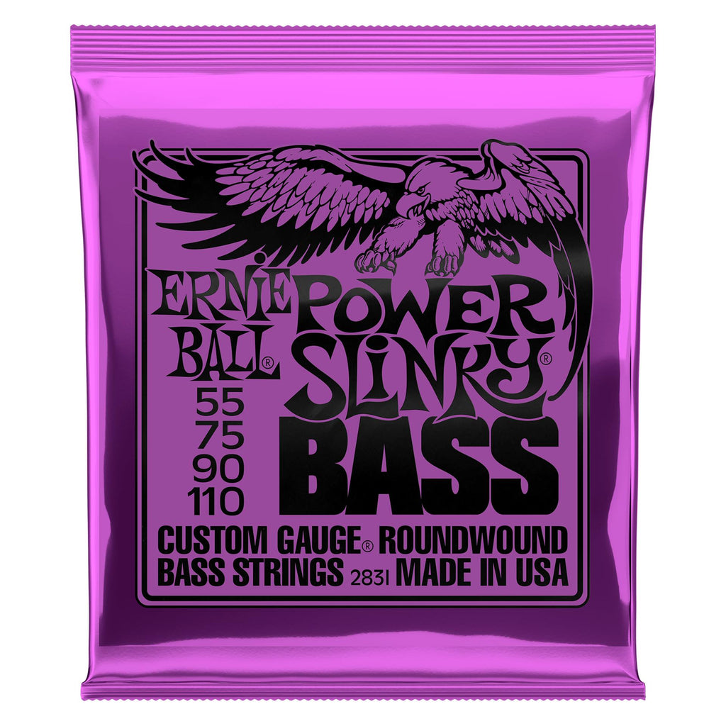 Ernie Ball Power Slinky Nickel Wound Electric Bass Strings, close-up of the packaged bass strings with branding visible