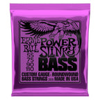 Ernie Ball Power Slinky Nickel Wound Electric Bass Strings, close-up of the packaged bass strings with branding visible