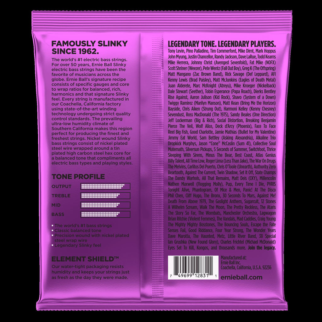 Ernie Ball Power Slinky Nickel Wound Electric Bass Strings shown on a bass guitar, highlighting the string packaging and branding.