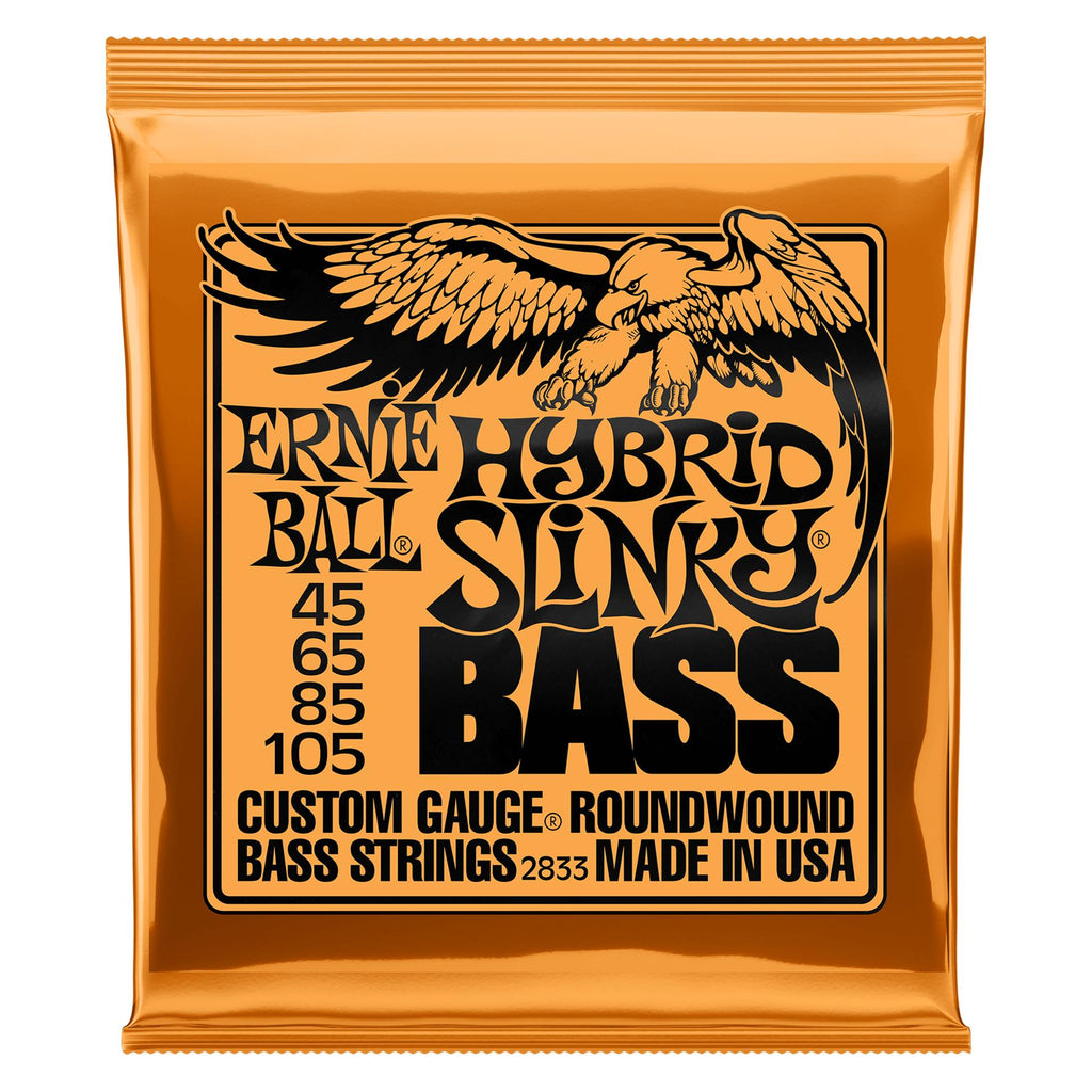 Ernie Ball 2833 Hybrid Slinky Nickel Wound Electric Bass Strings, close-up of shiny metal strings on a bass guitar.