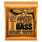 Ernie Ball 2833 Hybrid Slinky Nickel Wound Electric Bass Strings, close-up of shiny metal strings on a bass guitar.
