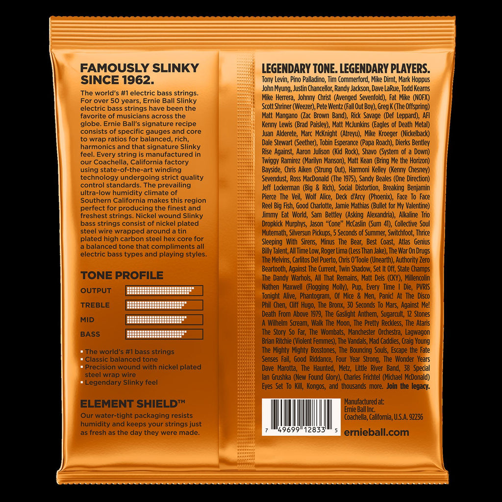 Ernie Ball 2833 Hybrid Slinky Nickel Wound Electric Bass Strings laid out on a surface, showing the packaging and string details.