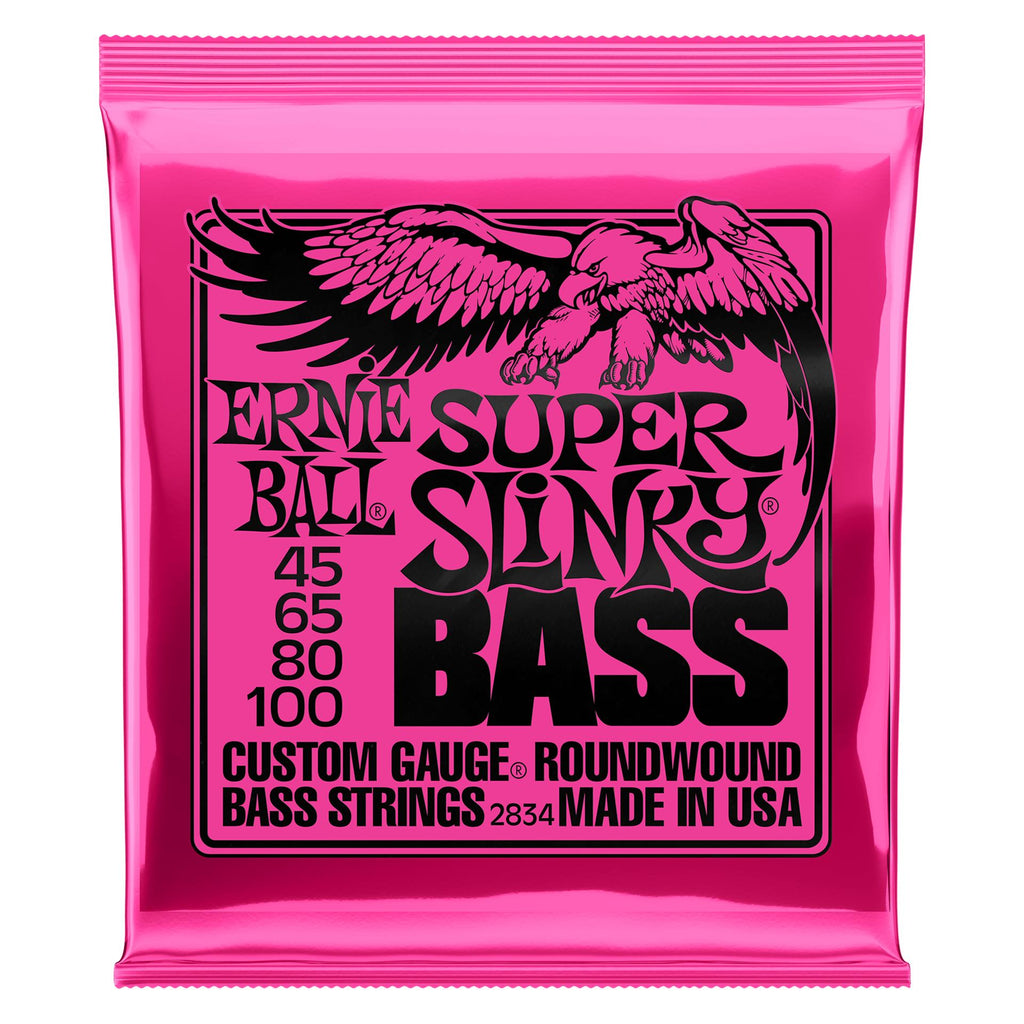 Ernie Ball Super Slinky Nickel Wound Electric Bass Strings, set of four strings, showing the shiny nickel winding and steel core.