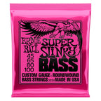 Ernie Ball Super Slinky Nickel Wound Electric Bass Strings, set of four strings, showing the shiny nickel winding and steel core.