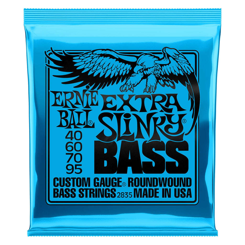 Ernie Ball 2835 Extra Slinky Nickel Wound Electric Bass Strings shown on a bass guitar, highlighting the lightweight nickel winding.