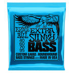 Ernie Ball 2835 Extra Slinky Nickel Wound Electric Bass Strings shown on a bass guitar, highlighting the lightweight nickel winding.