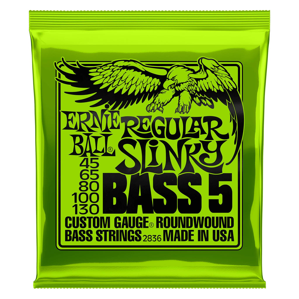 Ernie Ball 2836 Regular Slinky 5-string nickel wound electric bass strings, showing the packaged set with branding and string details.