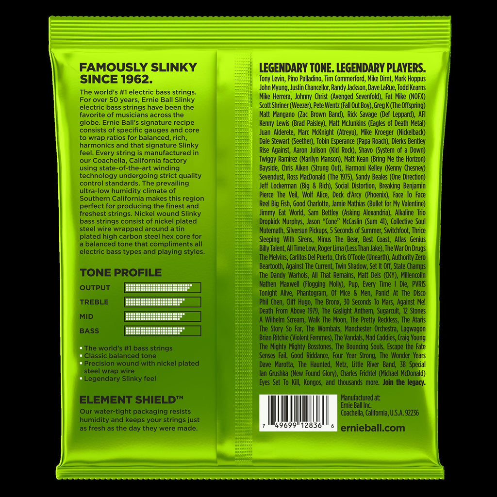 Ernie Ball 2836 Regular Slinky 5-string nickel wound electric bass strings, showing the coiled metal strings on a bass guitar.
