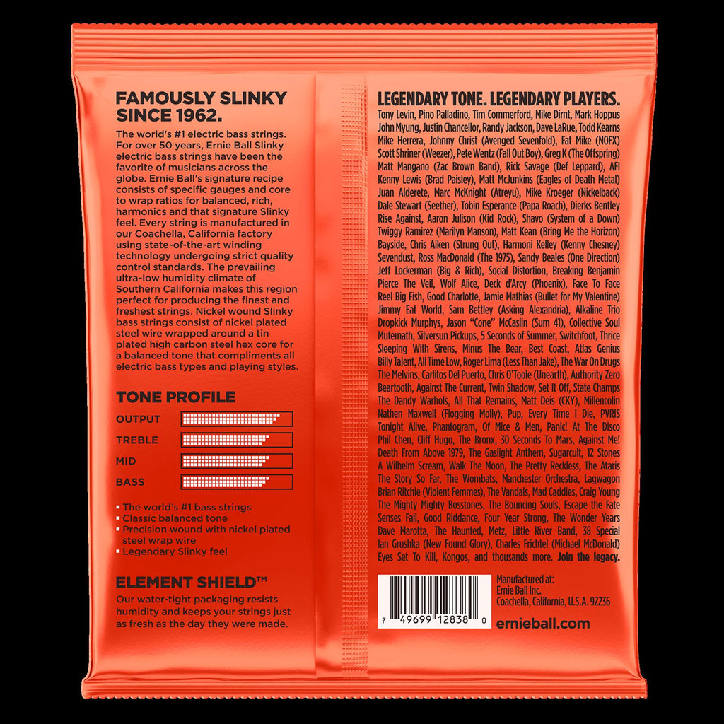 Ernie Ball Slinky Long Scale 6-String Nickel Wound Electric Bass Strings laid out on a white background.
