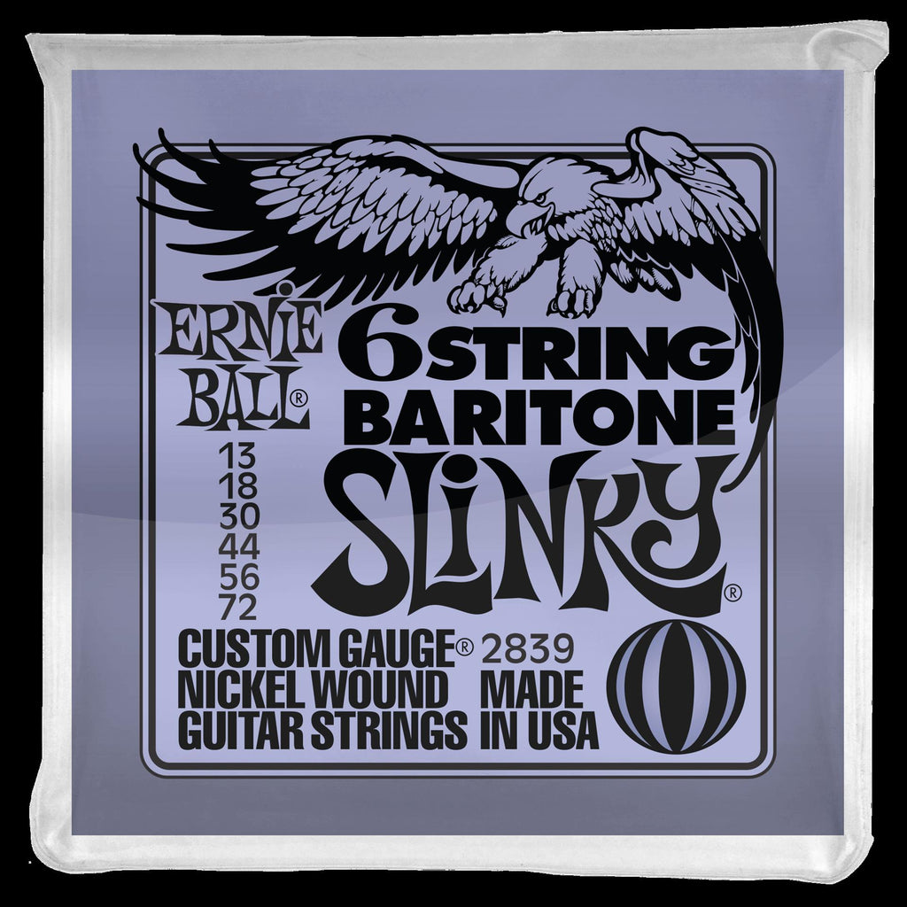 Ernie Ball Slinky 6-string electric guitar strings with small ball end, 29.5-8 scale, designed for baritone guitars.