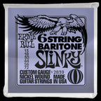 Ernie Ball Slinky 6-string electric guitar strings with small ball end, 29.5-8 scale, designed for baritone guitars.