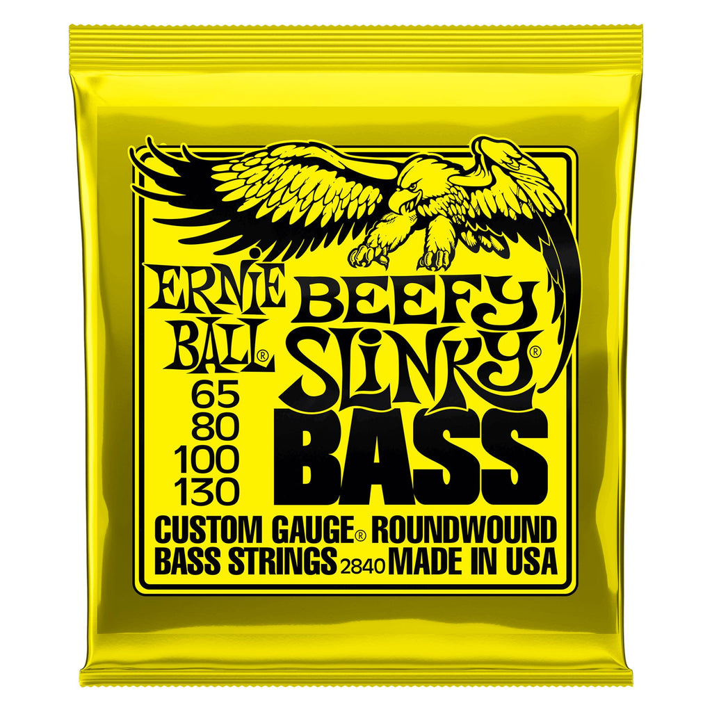 Ernie Ball Beefy Slinky bass guitar strings, E2840 set, showing the packaged strings on a white background.