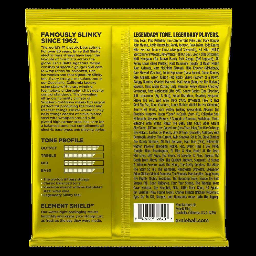 Ernie Ball Beefy Slinky bass guitar strings, six-string set, with packaging visible, designed for deep, rich bass sound.