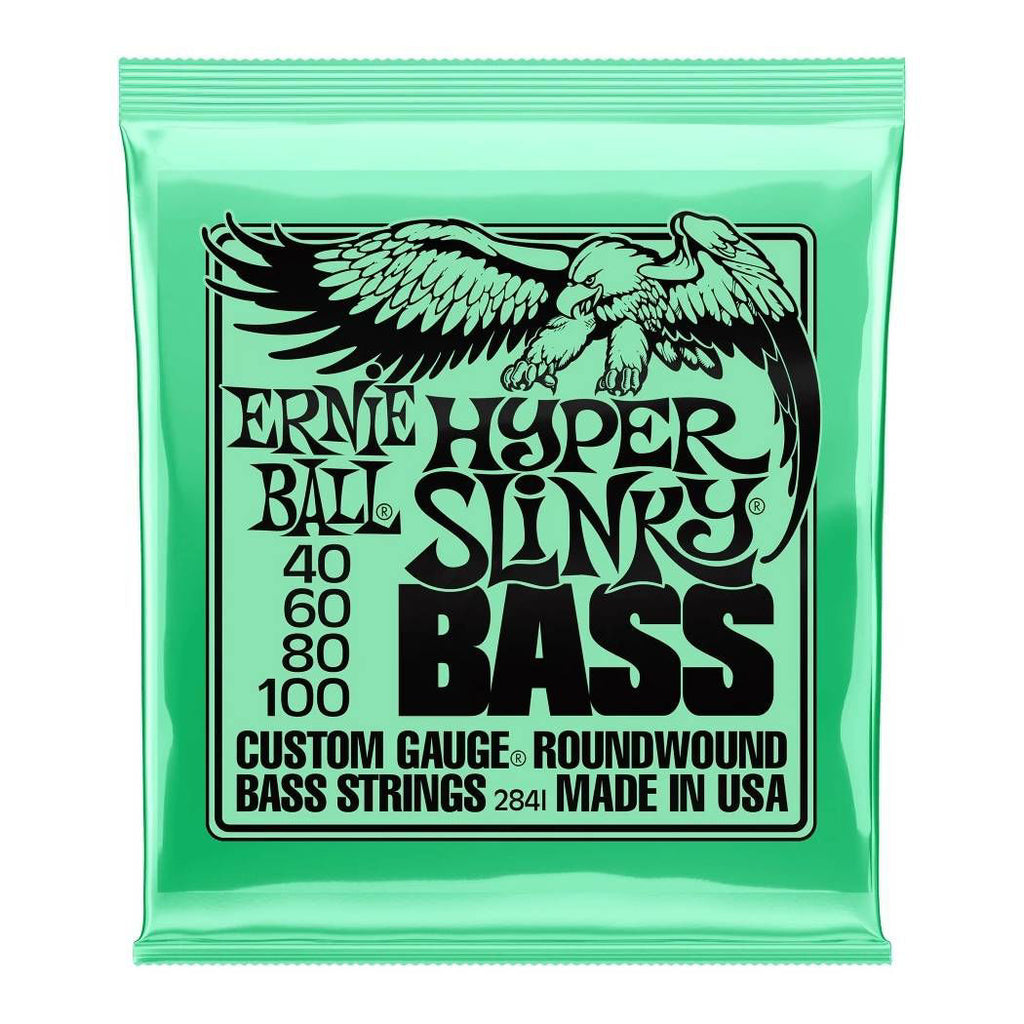 Ernie Ball Hyper Slinky electric bass guitar strings, nickel wound, 40-100 gauge, for bass guitars, shown on the product label.