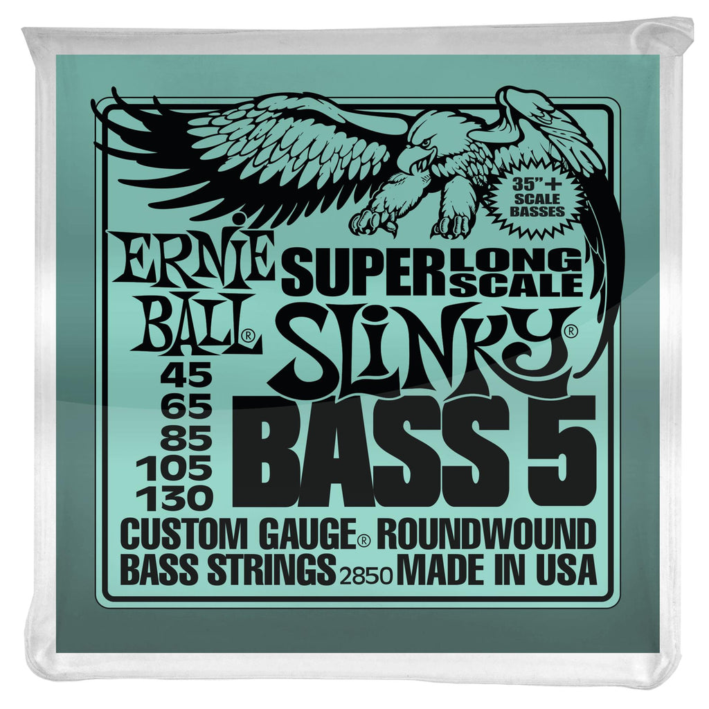 Ernie Ball 2850 Bass 5 Slinky super long scale electric bass strings, showing the set of five strings for bass guitar.