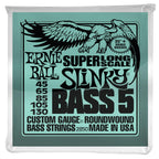 Ernie Ball 2850 Bass 5 Slinky super long scale electric bass strings, showing the set of five strings for bass guitar.