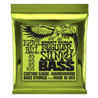 Close-up of Ernie Ball 2852 Regular Slinky short scale bass guitar strings, showing the packaging and string details.