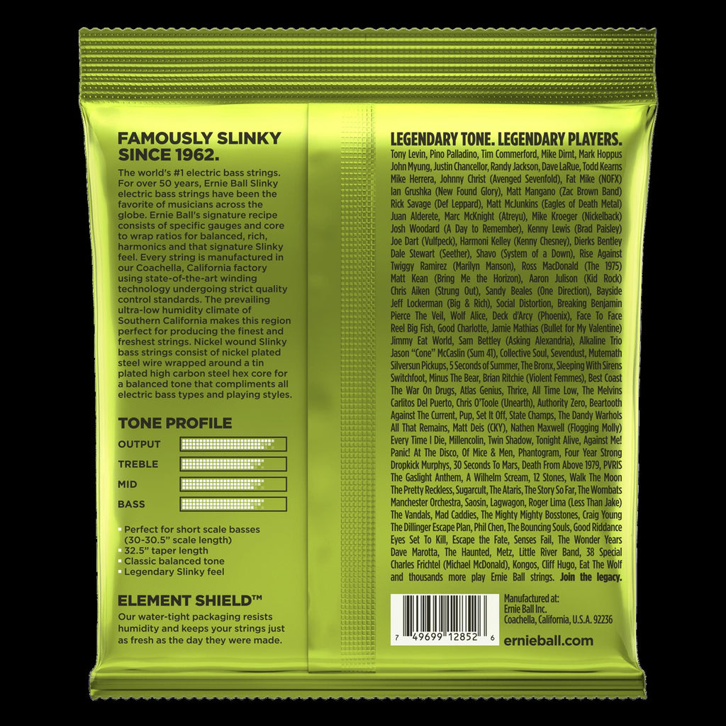 Ernie Ball 2852 Regular Slinky short scale bass guitar strings coiled on a spool, designed for bass guitars.