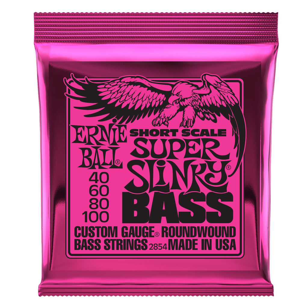 Ernie Ball 2854 Super Slinky short scale bass guitar strings, lightweight and flexible, shown on a bass guitar.