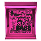 Ernie Ball 2854 Super Slinky short scale bass guitar strings, lightweight and flexible, shown on a bass guitar.