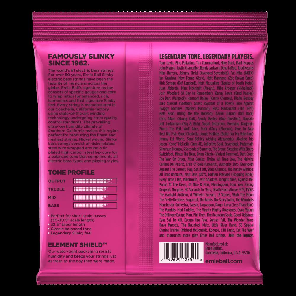 Close-up of Ernie Ball 2854 Super Slinky Short Scale Bass Guitar Strings, showing the packaging and string details.