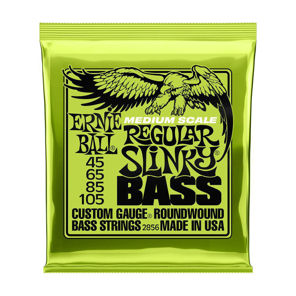 Ernie Ball 2856 bass guitar strings, 45-105 gauge, 4-string Regular Slinky medium scale bass strings, shown in packaging.