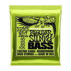Ernie Ball 2856 bass guitar strings, 45-105 gauge, 4-string Regular Slinky medium scale bass strings, shown in packaging.
