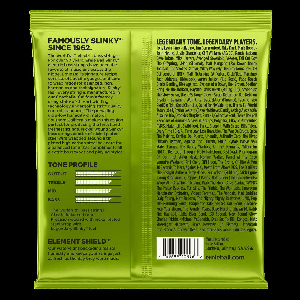 Ernie Ball 2856 45-105 Regular Slinky medium scale bass guitar strings, metallic wire, packaged in a clear plastic sleeve.