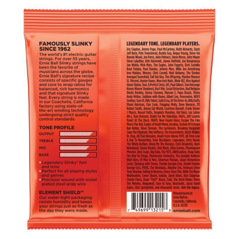Ernie Ball E3215 electric guitar strings 10-52 Skinny Top Heavy Bottom, three-pack, with visible packaging and strings.