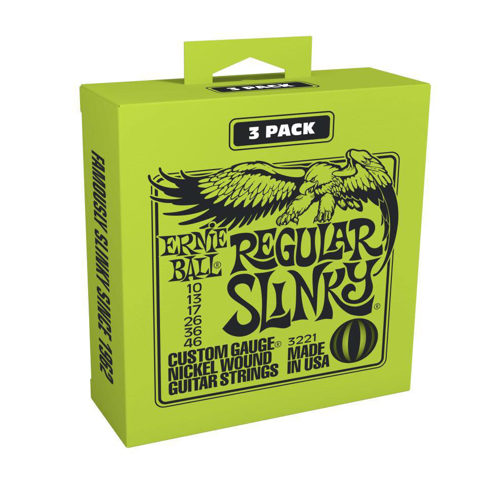 Ernie Ball Regular Slinky Nickel Wound Electric Guitar Strings 3-pack, 10-46 gauge, showcasing the nickel-coated steel strings.