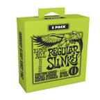 Ernie Ball Regular Slinky Nickel Wound Electric Guitar Strings 3-pack, 10-46 gauge, showcasing the nickel-coated steel strings.