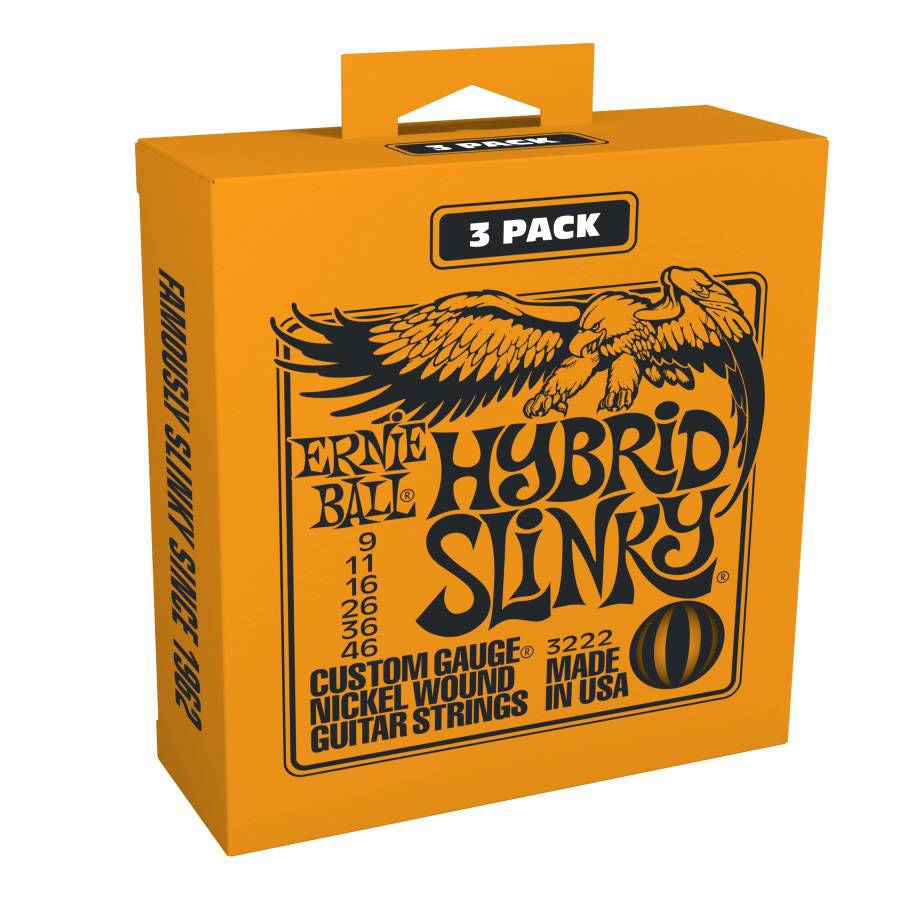 Ernie Ball 3222 9-46 Hybrid Slinky Nickel Wound Electric Guitar Strings 3-pack, showing the packaged set of guitar strings.