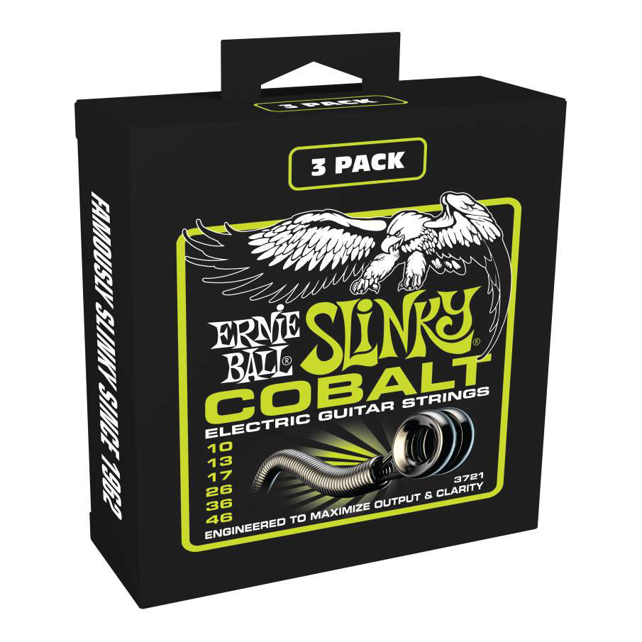 Ernie Ball Regular Slinky Cobalt Lime electric guitar strings, 10-46 gauge, three sets with colorful packaging and string coils.