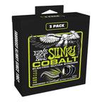 Ernie Ball Regular Slinky Cobalt Lime electric guitar strings, 10-46 gauge, three sets with colorful packaging and string coils.