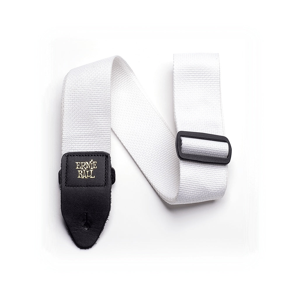 White Ernie Ball Polypro guitar strap with adjustable length and sturdy design, ideal for comfortable playing.
