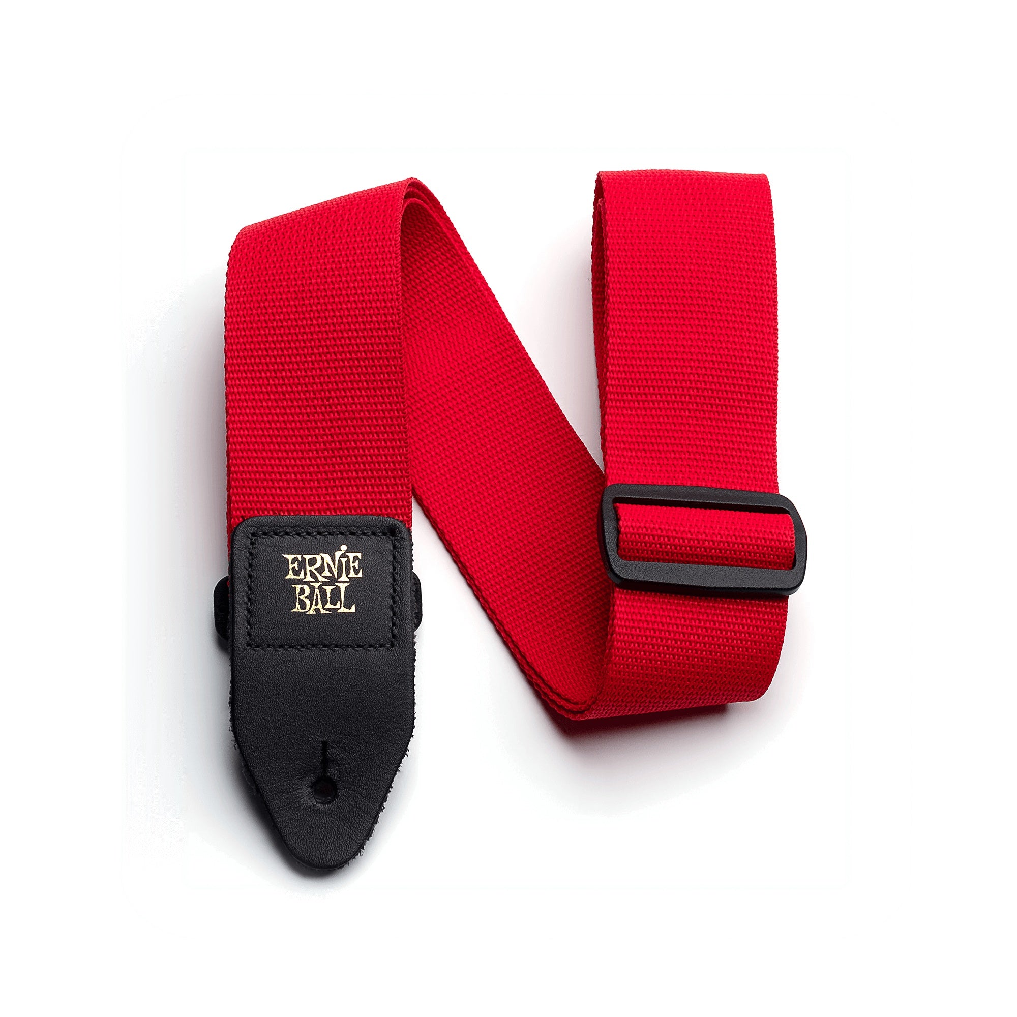 Red Ernie Ball Polypro guitar strap with adjustable length and reinforced ends for secure instrument support.