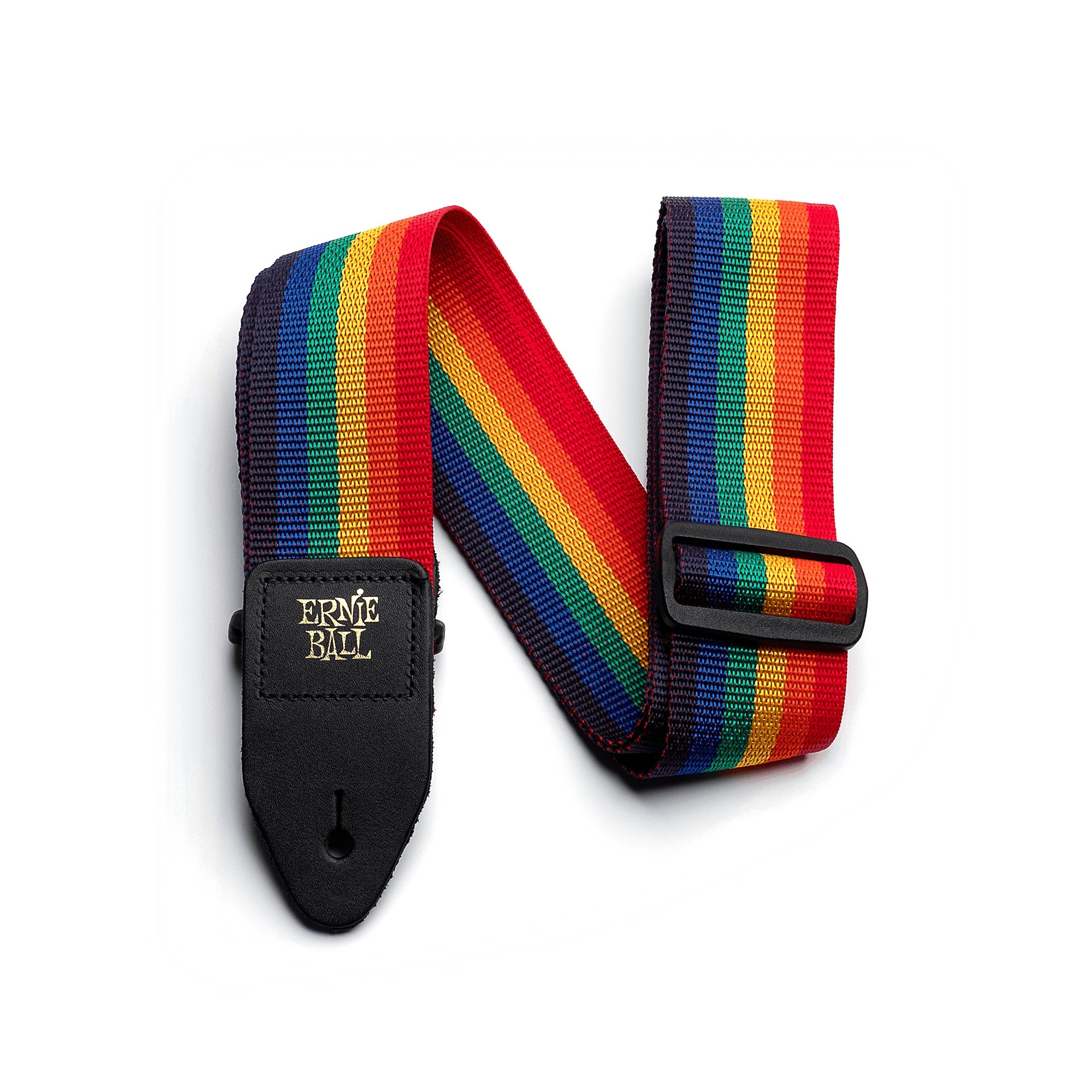 Colorful Ernie Ball Rainbow Polypro guitar strap with adjustable length and sturdy design, ideal for electric or acoustic guitars.